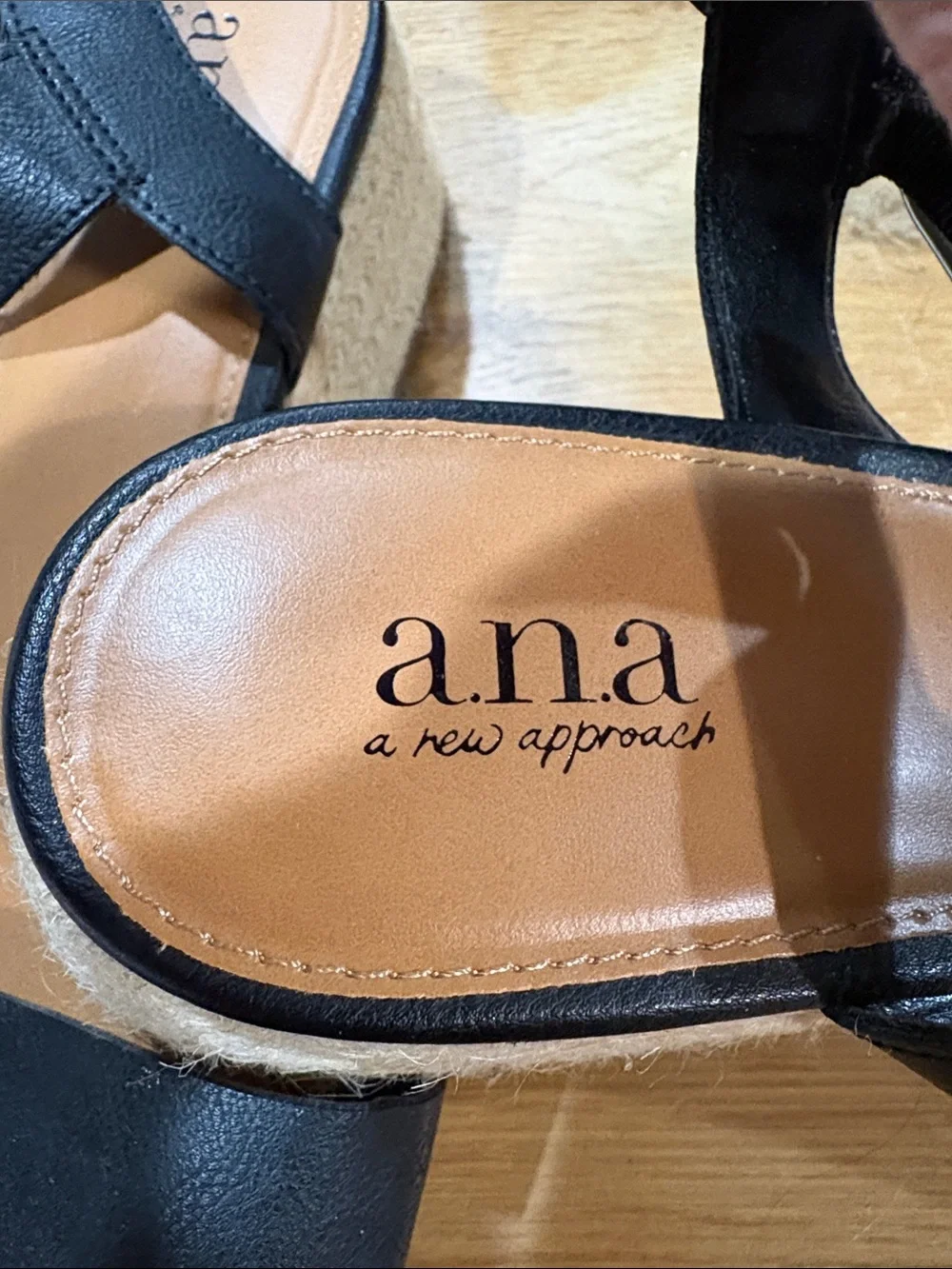 a.n.a Black Leather Espadrille Wedge Sandals - Picture 2 of 3